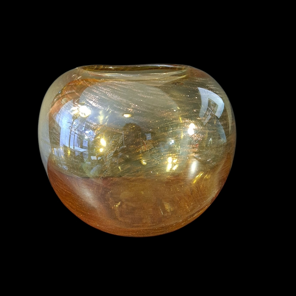 HQT Handmade Blown Glass Yellow Glitter Swirl Decorative Bowl Vase